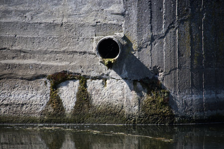 A concrete wall with a drainage pipe emptying into water. Moss and shadows add texture to the scene.