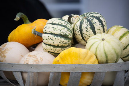 A close up of a wooden basket filled with a variety of gourds, showcasing their vibrant colors and...