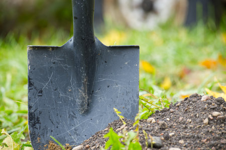A sturdy shovel rests in soil as fresh earth is moved in a garden setting. Perfect for outdoor work, digging, gardening, or landscaping projects, capturing rugged, practical tools in use.の写真素材