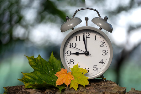 A classic alarm clock rests on a wooden surface, accompanied by vibrant autumn leaves, creating a...
