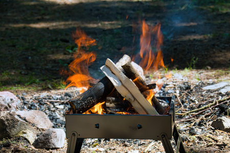 A daytime campfire blazes in a portable metal fire pit with stacked logs, flames and smoke rising...