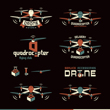 Drone or quadrocopter set of vector , badges, emblems, drone delivery, drone store, drone flying club. Color isolated print on black backgroundのイラスト素材