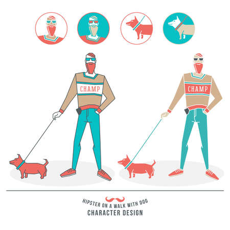 Illustration of a hipster walking with a dog. Color print on white backgroundのイラスト素材