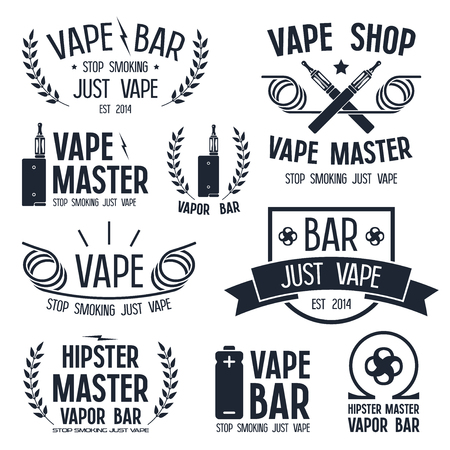 Vapor bar and vape shop and e-cigarette icons. Isolated on white backgroundのイラスト素材