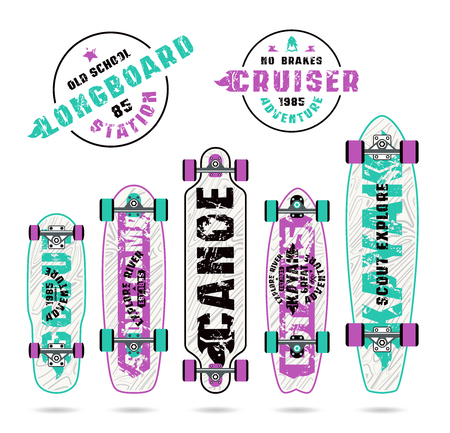Set of prints on longboard in camping style. Graphically print, variety form boards and bright colorsのイラスト素材