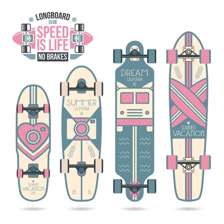 Trendy print on a longboard and skateboard. Soft colorsのイラスト素材