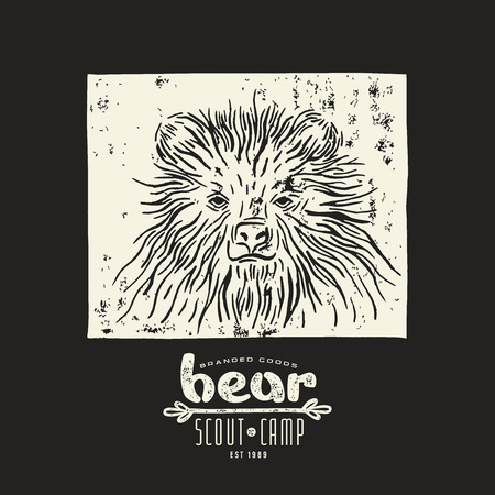 Stock vector linocut with a picture of bear and typographic composition. White print on black backgroundのイラスト素材