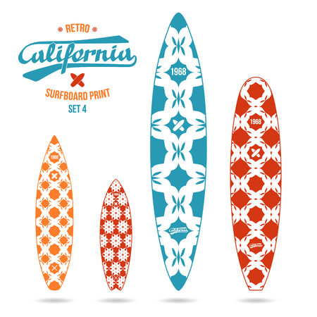 Retro vintage prints for various forms of surfboard: shortboard, longboard; fish and gun.のイラスト素材