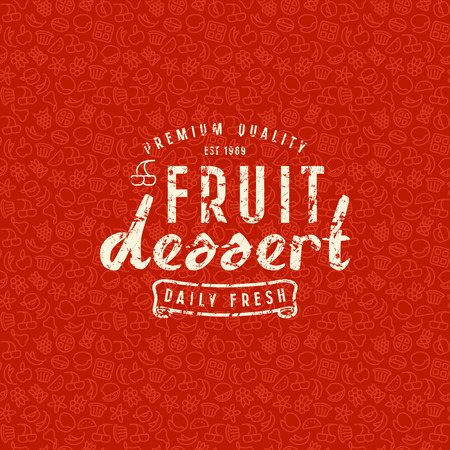 Fruit dessert seamless pattern and emblem with shabby texture. White print on red pattern backgroundのイラスト素材