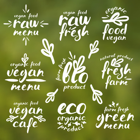 Raw vegan labels and badges with hand-drawn lettering. White print on blurred backgroundのイラスト素材