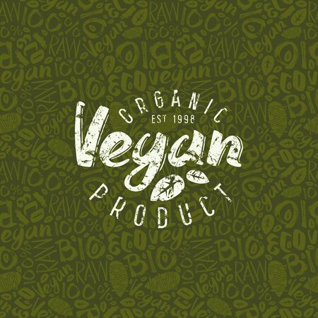 Raw vegan seamless pattern and emblem with hand-drawn lettering. White print on green pattern backgroundのイラスト素材