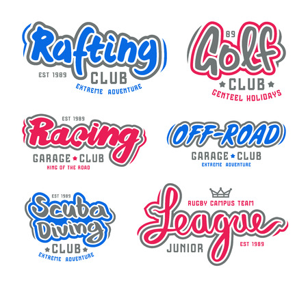 Set of vintage lettering logo  rafting, diving,  golf, ride off-road. Graphic design for t-shirt. Color print on white backgroundのイラスト素材