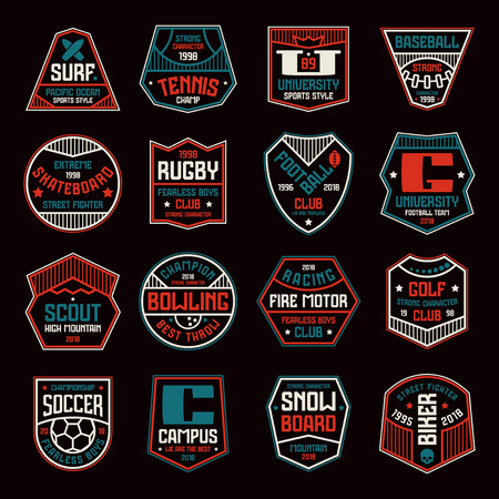 Set of sports badges. Soccer, bowling, baseball, tennis and other. Color print on black backgroundのイラスト素材