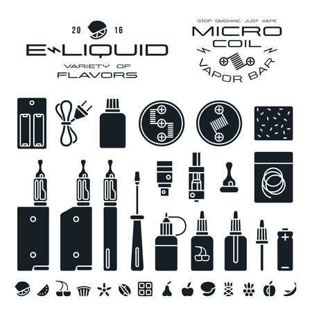 Vape labels, e-cigarette and fruit flavor icons in flat style. Black print on white backgroundのイラスト素材