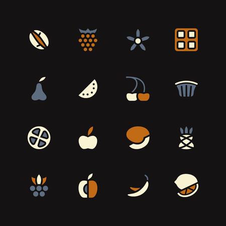 Fruit and desert icons in flat style. Color print on black backgroundのイラスト素材