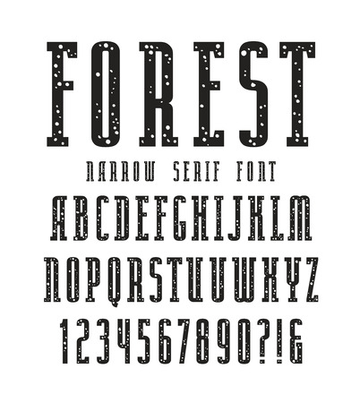 Narrow serif font with speckled texture. Bold face. Black print on white backgroundのイラスト素材