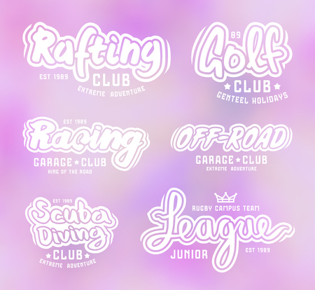 Set of vintage lettering rafting, diving,  golf, ride off-road. Graphic design for t-shirt. White print on blurred backgroundのイラスト素材