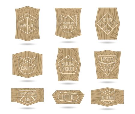 Set of retro vintage badges quality in thin line style on a textured wood boardのイラスト素材