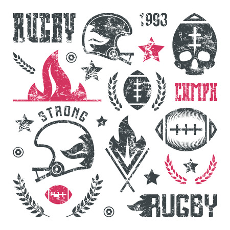 College rugby team badges in retro style with shabby texture. Graphic design for t-shirt. Color print on a white backgroundのイラスト素材