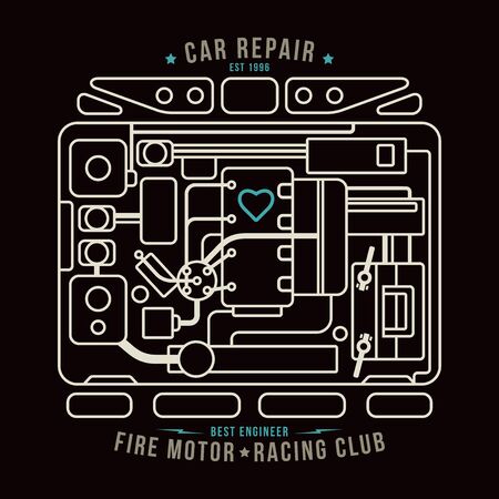 Under the hood car. Illustration in thin line style. Color print on black backgroundのイラスト素材