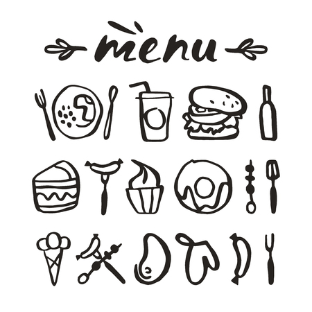 Food icons in hand-drawn style. Isolated on white backgroundのイラスト素材