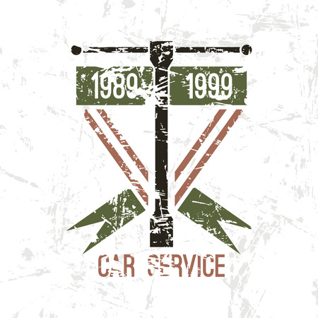 Car service emblem in retro style. Graphic design for t-shirt. Color print on white backgroundのイラスト素材