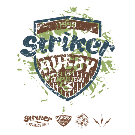 College team rugby retro emblem and design elements. Graphic design for t-shirt. Camouflage color drawing on a white backgroundのイラスト素材