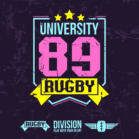 Emblem of the college rugby team in retro vintage style. Graphic design for t-shirt. Color print on a dark backgroundのイラスト素材