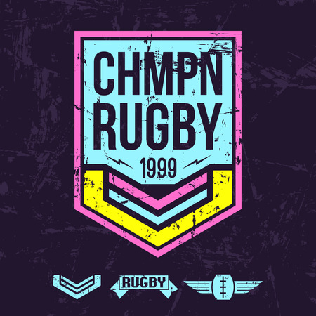 Emblem of the college rugby team in retro vintage style. Graphic design for t-shirt. Color print on a dark backgroundのイラスト素材
