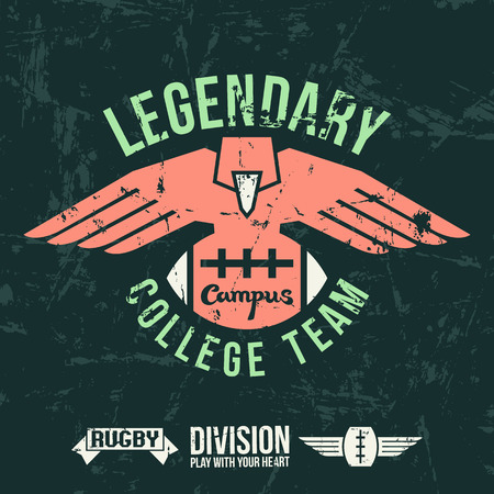 Emblem of the college rugby team in retro vintage style. Graphic design for t-shirt. Color print on a dark backgroundのイラスト素材