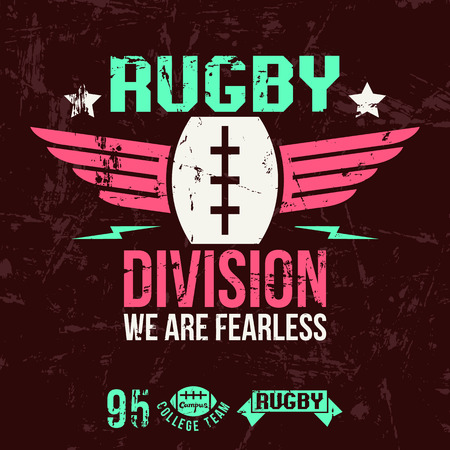 Emblem of the college rugby team in retro vintage style. Graphic design for t-shirt. Color print on a dark backgroundのイラスト素材