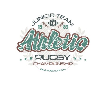Rugby emblem with shabby texture. Graphic design for t-shirt. Color print on white backgroundのイラスト素材