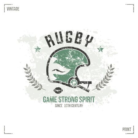 Rugby team helmet emblem in retro style. Graphic design for t-shirt. Color  print on white backgroundのイラスト素材