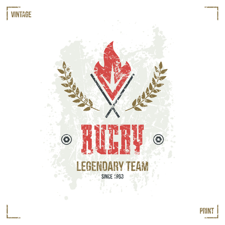 Rugby team torch emblem in retro style. Graphic design for t-shirt. Color  print on white backgroundのイラスト素材