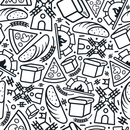 Bakery seamless pattern in thin line style. Black print on white backgroundのイラスト素材