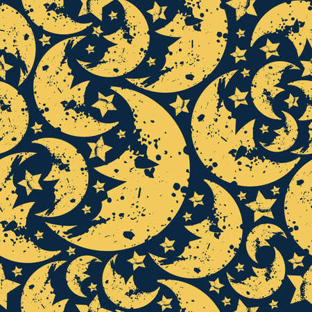 Happy halloween  moon seamless pattern in retro style. Yellow silhouette on a  dark blue backgroundのイラスト素材