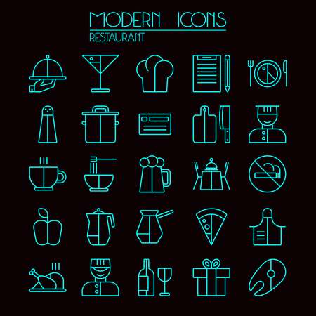 Icon set restaurant in thin line style. Neon color on black backgroundのイラスト素材