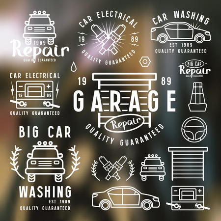 Set of car repair labels, badges and design elements. White  print on blurred backgroundのイラスト素材