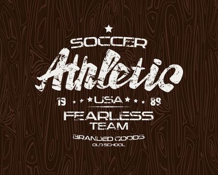 Soccer emblem with shabby texture. Graphic design for t-shirt. White print on wood texture backgroundのイラスト素材