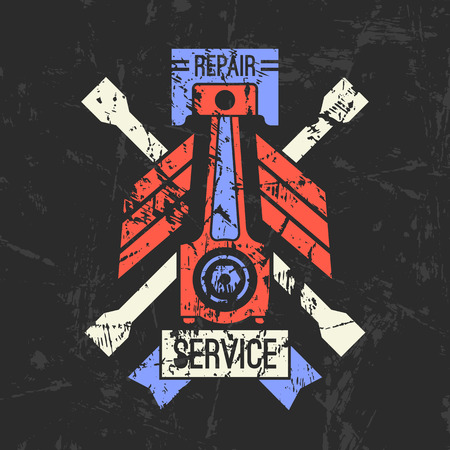 Car service piston emblem in retro style. Graphic design for t-shirt. Color print on black backgroundのイラスト素材