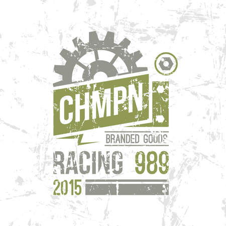 Emblem racing championship in retro style. Graphic design for t-shirt. Color print on white backgroundのイラスト素材