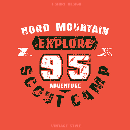 Scout camp badge. Graphic design for t-shirt. Black and white print on red backgroundのイラスト素材