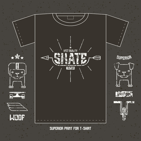 Skateboard ramp emblem and icons. Graphic design for t-shirt. White print on a dark backgroundのイラスト素材