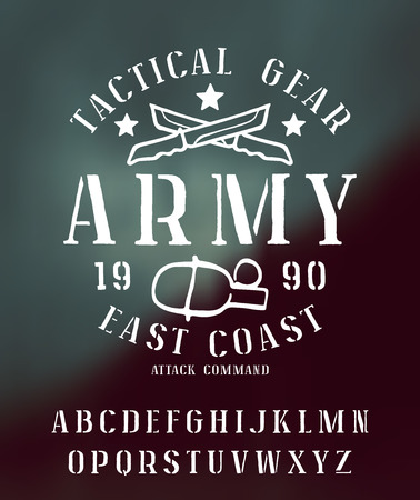 Stencil-plate serif font with rough edges. Military graphic design for t-shirt. White print on blurred backgroundのイラスト素材