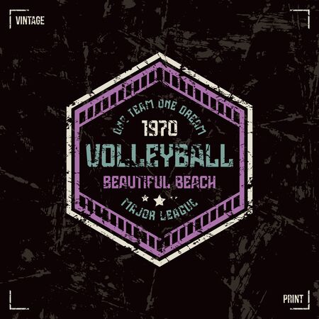 Volleyball team hexagonal badge. Graphic design for t-shirt. Color print on black  backgroundのイラスト素材