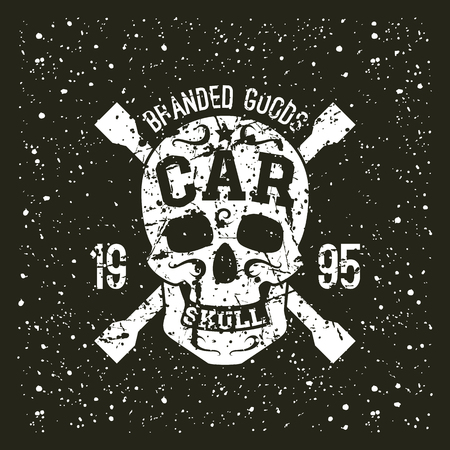Car skull emblem in retro style. Graphic design for t-shirt. White print on a black backgroundのイラスト素材