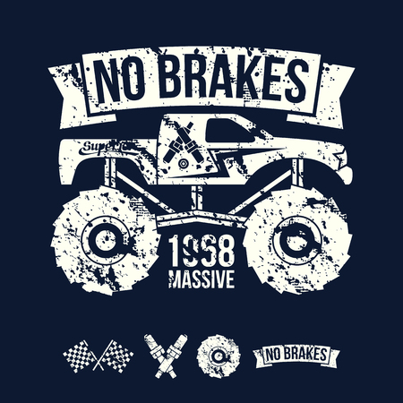 Emblem of the massive car in retro style. Graphic design for t-shirt. White print on dark backgroundのイラスト素材