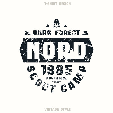 Scout camp badge. Graphic design for t-shirt. Black print on white backgroundのイラスト素材