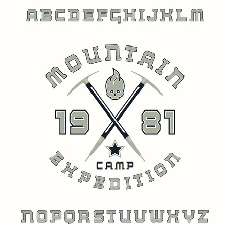 Square serif font with contour and expedition emblem. Color print on white backgroundのイラスト素材