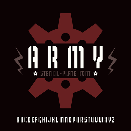 Stencil-plate sanserif font in military style. Color print on black backgroundのイラスト素材